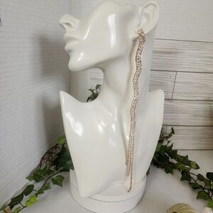 Extra Long Gold with Clear Rhinestones Dangle Shoulder Duster Bling Earrings